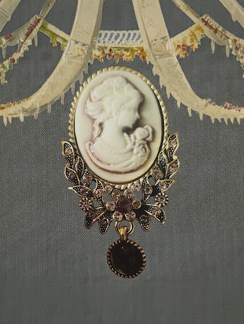 Cameo Brooch with Amber Rhinestone Accents